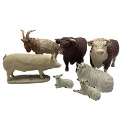 John Harper for Shebeg Pottery, Isle of Man: Salers Bull, Hereford Bull, Mountain Goat, Pig, a Sheep and two lambs (7)