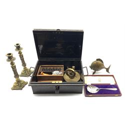 Wooden printers box with various metal letters, 'The Metropolitan' whistle, shell case ships wheel, deed box with key etc
