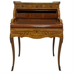 Mid-20th century French Kingwood bureau de dame or writing desk, raised galleried top fitted with three small drawers, the pull-out drawer opens the cylinder top revealing drawers and folding writing surface, inlaid throughout with scrolling foliate and flower heads, on cabriole supports mounted by ornate gilt metal castings 