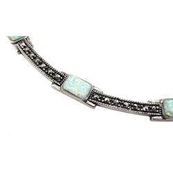 Silver opal and marcasite rectangle link necklace, stamped 925