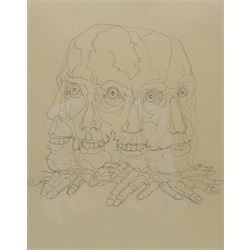 Circle of Austin Osman Spare (British 1886-1956): Four-faced Skull and Hands, pen and ink signed with initials MV? 28cm x 22cm