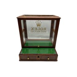 Late 19th century balance scale case with two small drawers and later stencilled lettering 'Rolex' W33cm