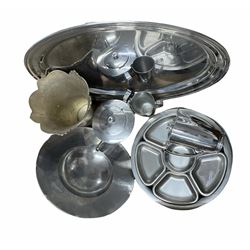 Keswick School of Industrial Arts / KSIA Staybrite planished footed bowl, Olde Hall stainless steel tea wares, large oval stainless steel tea tray, Art Nouveau style vase etc 