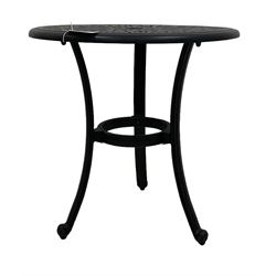 Cast metal garden table (D61cm, H64cm); together with two matching chairs