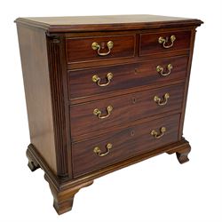 Georgian style mahogany chest, moulded rectangular top over two short and three long drawers, reeded quarter columns to upright corners, on ogee bracket feet