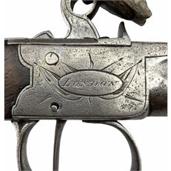 Flintlock pocket pistol by Jones of London with screw off barrel and slide safety, engraved with the makers name within an oval cartouche surrounded by flags and with slab sided walnut grip overall length 17cm