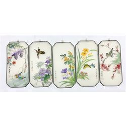 A series of five Japanese painted silk screens, of shaped form painted with botanical studies, butterflies and ducks, each signed, 32cm x 15cm (5)