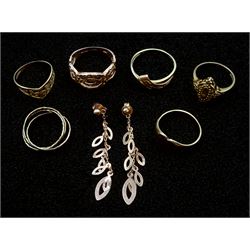 9ct gold jewellery including six rings and a pair of rose gold pendant stud earrings, all stamped or hallmarked