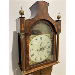 An early 19th century longcase clock by George Bartle of Brig (Lincs) c 1830, Mahogany case with a pagoda pediment in the typical east Yorkshire/Lincolnshire style, with two brass ball and spire finials, break arch hood door flanked by reeded columns with Corinthian capitals, canted corners to the trunk, long trunk door with inlay and a triple spire top, conforming rectangular plinth with missing feet, fully painted break arch dial with Roman numerals, minute track and brass hands (damaged), seconds dial and semi-circular date aperture with  calendar disc behind, spandrels painted with matching depictions of flowers, arch painted with a contrasting rural hunting scene, dial pinned via a Walker & Hugues cast false plate to an eight day weight driven rack striking movement, striking the hours on a bell. With weights and pendulum.

