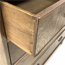 19th century oak chest fitted with two short and three long graduating drawers, shaped bracket supports W119cm
