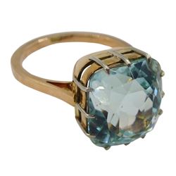 Early-mid 20th century rose gold single stone cushion cut aquamarine ring, stamped 9ct, aquamarine approx 6.15 carat