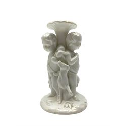 Victorian Minton white glazed comport base circa 1866, the stem modelled as three cherubs with a Hunting Dog, Grouse and Hare, H15cm