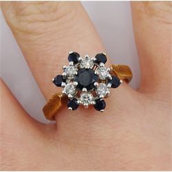 18ct gold sapphire and diamond cluster ring, hallmarked