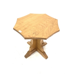 Yorkshire Oak  octagonal low side table by John Hartley of Leeds, raised on cruciform base, carved with bell signature 