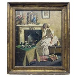 Sydney Noel (Noël) Simmons (British 1880-1916): An Interior Scene with Girl Toasting Bread by the Fire with Self Portrait of Artist in Mirror on the Mantle, oil on canvas unsigned 60cm x 50cm