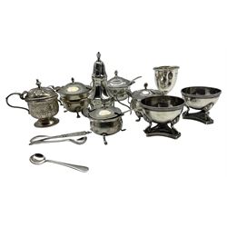 Pair of Victorian silver circular salts on claw and ball feet and triangular base Birmingham 1885 Maker Hilliard and Thomason, five silver circular mustard pots, various dates, silver pepperette and an egg cup 15oz 