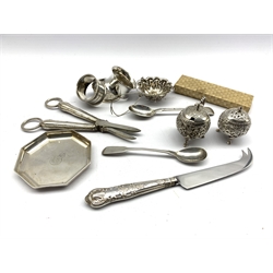 Silver octagonal dish engraved with the motto of Scotland W8cm, pair of silver serviette rings, two Indian white metal condiments and other small silver and plated items 