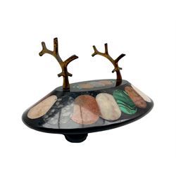 Pietra Dura oval pen tray inlaid with malachite, fossilised coral and other specimen stones, featuring bronze rests of branch form L17cm