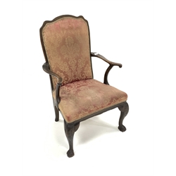 18th century walnut open armchair, shaped cresting rail over seat and back upholstered in red silk damask, swept and scrolled arm terminals, raised on leaf carved cabriole front supports terminating in ball and claw feet