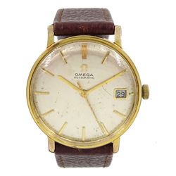 Omega gentleman's gold plated and stainless steel automatic wristwatch, Cal. 562, back case No. 162.009, silvered dial with date aperture, on brown leather strap with gold-plated Omega buckle, boxed