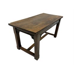 Oak refectory table, the rectangular plank top, raised on square supports, united by stretchers 