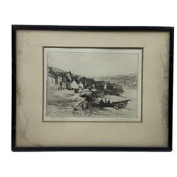 J Barrie Robinson (Early 20th century): 'Staithes' Quayside, etching signed and titled in pencil 19cm x 27cm