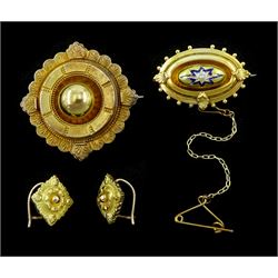 Victorian gold Etruscan revival brooch, with a glazed locket back, similar pair of gold earrings and one other gold enamel and seed pearl brooch