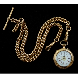 Early 20th century 9ct gold tapering Albert T and clips by Charles Daniel Broughton, Birmingham, with Continental 14ct gold fob watch, stamped 585