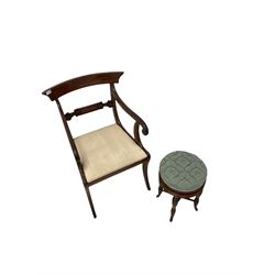 Mahogany regency style carver chair, the shaped cresting rail over scrolled arms and drop in seat pad, raised on sabre supports (W61cm) together with music stool