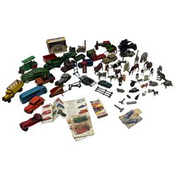 Collection of Dinky Toys die cast vehicles, Qualitoy Stephenson's Rocket with tender, boxed, Tri-Ang Minic clockwork cars, Britains lead zoo and farm animals etc 