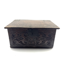  18th Century oak box with scroll carved front panel initialled 'FB' and with plain hinged lid 52cm x 25cm x 37cm  