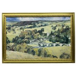 English Impressionist School (20th Century): Village in the Hillside, signed with initials HW and indistinctly titled 58cm x 89cm 