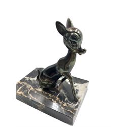 Pair of Art Deco style patinated spelter bookends cast as fawns on marbled bases, H13cm