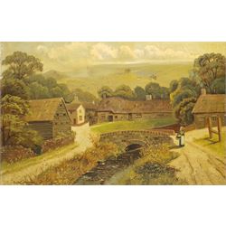 Fred Challacombe (British 19/20th century): Rural Hamlet with stream, oil on board signed and dated '96, 30cm x 46cm; Tadamichi Tsuzuki (Japanese 1951-): 'The Tree that God Plants', limited edition lithograph signed titled dated '74 and numbered 6/12 in pencil 31cm x 44cm (2)
