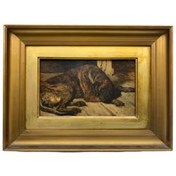 Circle of John Emms (British 1843-1912): Recumbent Hound, oil on canvas indistinctly signed and dated (18)78, 13cm x 22cm
