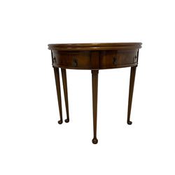 Hunter & Smallpage of York - Georgian design mahogany demi-lune table, the fold-over top supported by gate-leg action, fitted with single drawer and one faux drawer, raised on tapered supports with pad feet