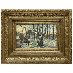 Attrib. Edmond Marie Petitjean (French 1844-1925): 'La Seine' and 'Neige de Matin', pair oils on board signed, signed titled and dated '74 verso 16cm x 27cm (2)