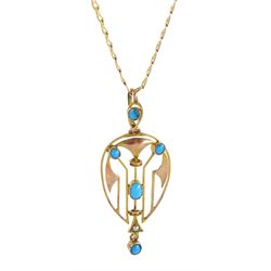Early 20th century Art Noveau turquoise and seed pearl pendant, stamped 9ct, on later 9ct gold anchor link chain necklace, hallmarked