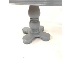 Painted hardwood dining table, rectangular moulded top with rounded corners raised on turned column and quatrefoil base with turned supports  86cm x 110cm, H75cm 