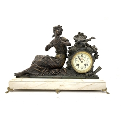 Late Victorian figural spelter mantle clock signed Mourey, white enamel dial with Arabic chapter ring, with a stepped white marble base raised on brass paw feet, W53cm