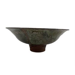 Mick Arnup (British 1923-2008): large studio pottery pedestal bowl with flared rim with layered glaze, signed beneath D34cm 