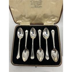 Set of six silver coffee spoons Birmingham 1939, cased, silver spoon and pusher, two silver sifting spoons, silver christening spoon and fork, serviette ring, condiment spoon and sugar tongs 9.7oz