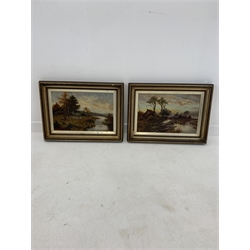 Pair of late Victorian oil paintings on canvas of river landscapes with cottages, figures, sheep etc, 29cm x 35cm