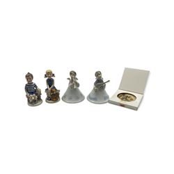 Two Lladro bells: 'Heavenly Musician' and 'Heavenly Tenor', two Royal Copenhagen figures 'Emma' and 'Frekerik' and a Goebel dish no. 1149, all with original boxes