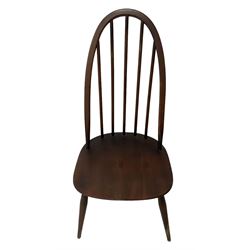 Ercol - set of eight dark elm and beech 'Quaker Windsor' dining chairs, high hoop and stick back over splayed supports united by H-stretcher; with matching Ercol easy armchair