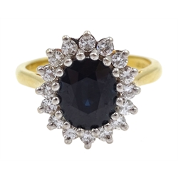 18ct gold sapphire and diamond cluster ring, hallmarked