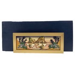 Moorcroft 'Farewell Beach' pattern plaque, signed by Vicky Lovatt and dated 2012, in gold frame with original box 9cm x 29cm