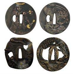Four Japanese cast metal Tsuba, with varying decoration, W8cm max (4)