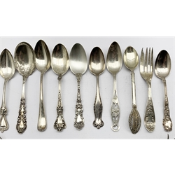 Pair of American sterling silver teaspoons with floral stems by R Wallace & Sons and others by Gorham, Wallace and others and three forks 10.2oz (15)
