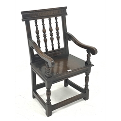 Late Victorian 17th century style armchair, turned spindle back with carved cresting rail, moulded plank seat, turned front supports joined by stretchers, W57cm